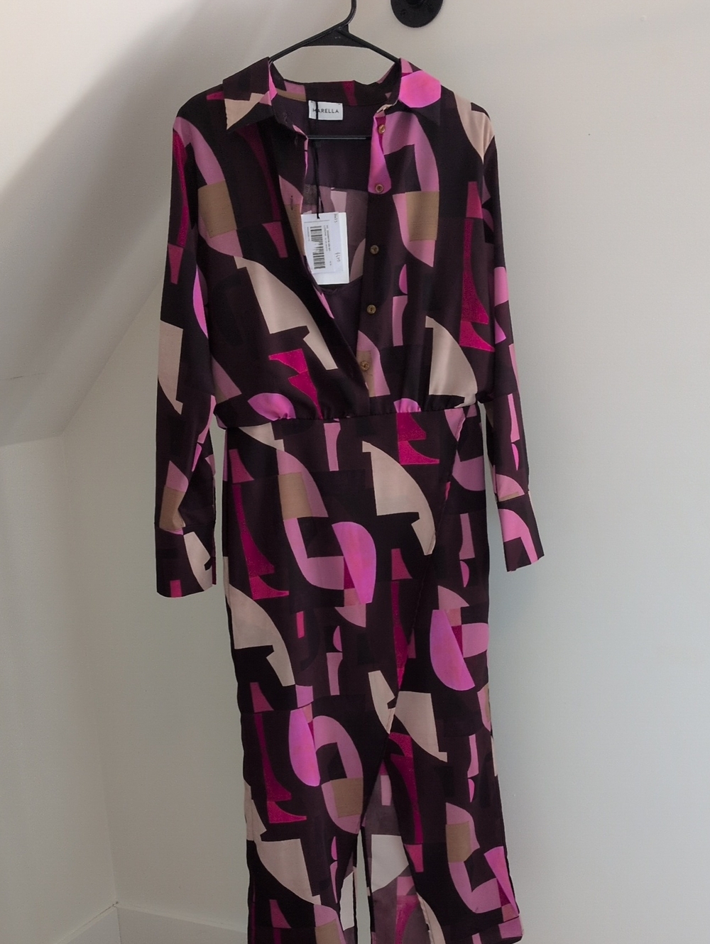 Max Mara (MARELLA) Geometric Print Long-Sleeve Midi Dress in Pink, Beige & Black